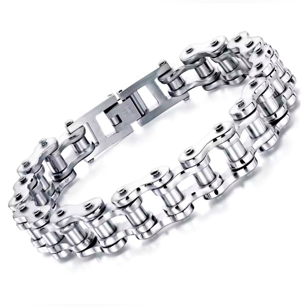 18K White Gold Motorcycle Biker Bike Link Punk Chunky Bracelet Men’s Unisex - Picture 1 of 6